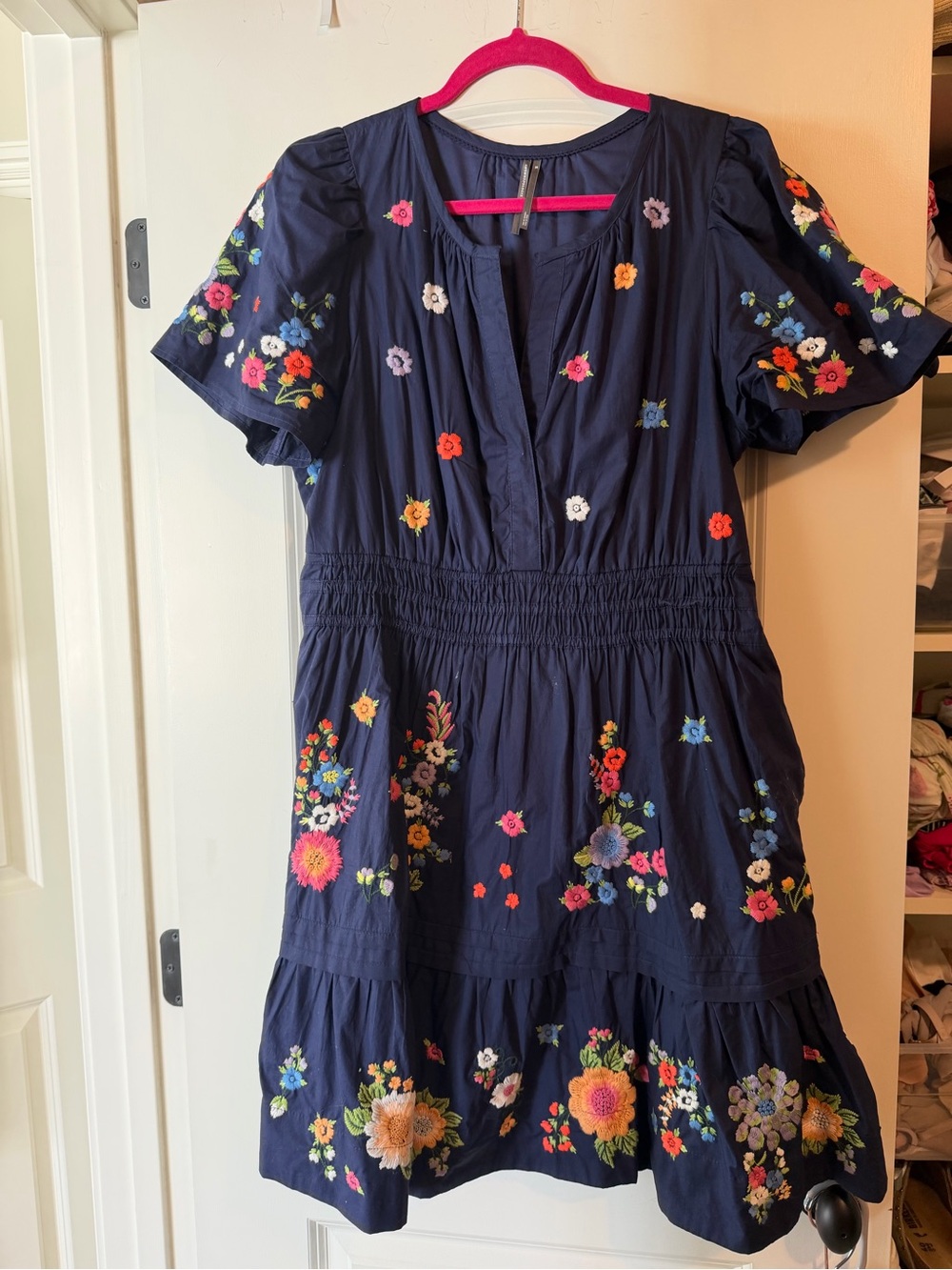 Anthropologie Navy Floral Embroidered Short-Sleeve Dress - Picture 4 of 5